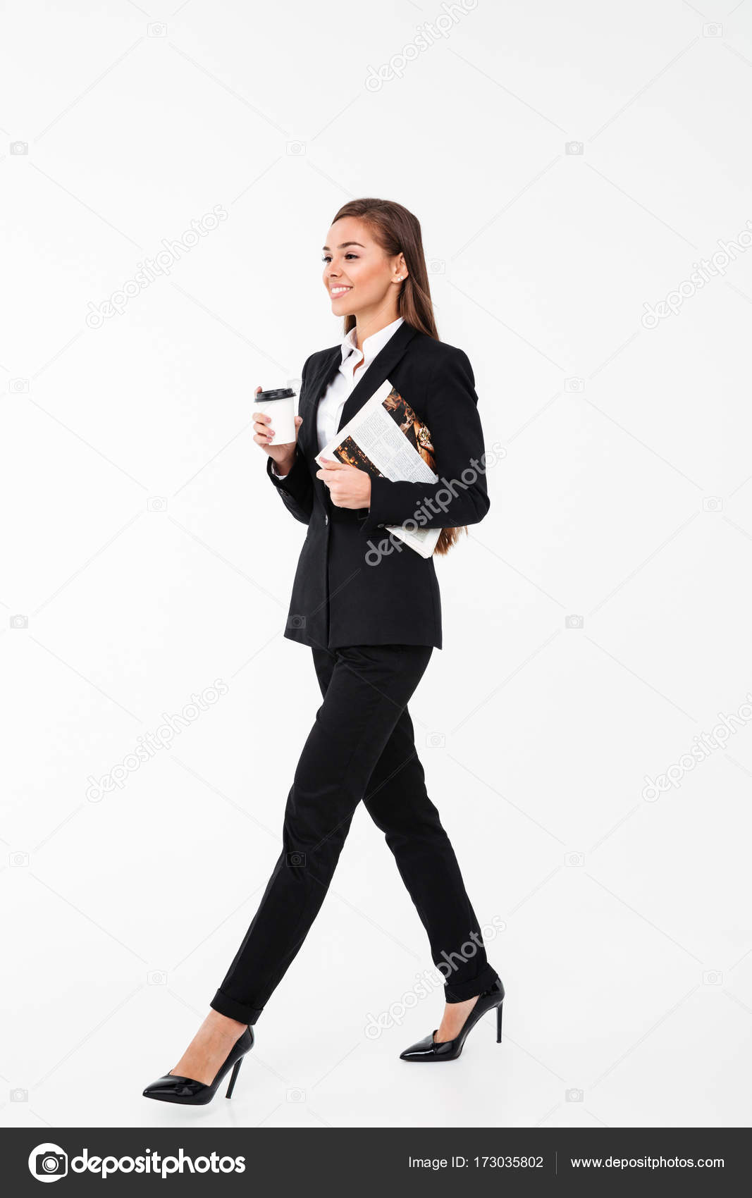 Happy Business Woman Holding Newspaper Drinking Coffee Stock Photo By C Vadymvdrobot