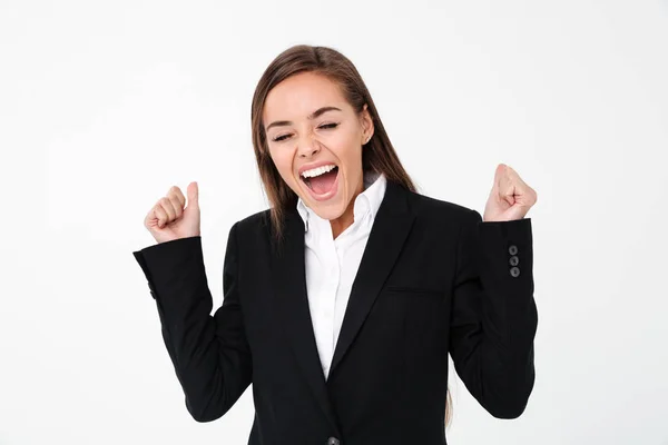 Ουρλιάζοντας ενθουσιασμένος επιχειρήσεων γυναίκα στέκεται απομονωμένο — Φωτογραφία Αρχείου