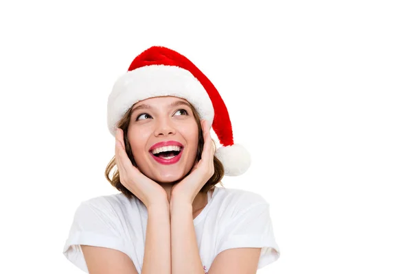 Noel şapka ayakta izole giyen beyaz kadın — Stok fotoğraf
