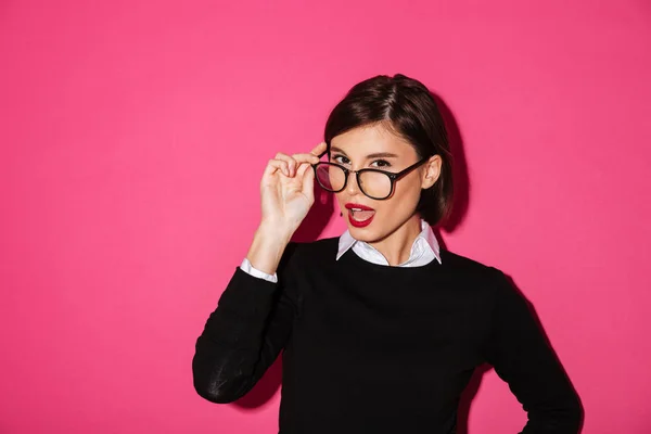 Surprised attractive lady in glasses looking camera — Stock Photo, Image