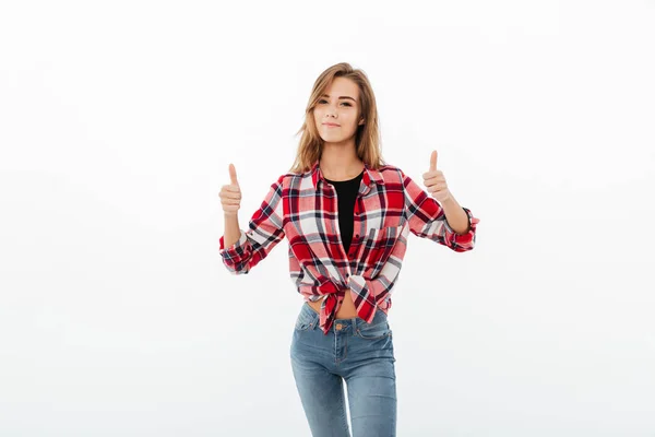 Porträtt av en glad avslappnad tjej i rutig skjorta — Stockfoto