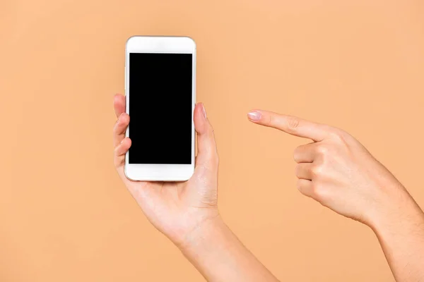 Close up van vrouwelijke handen met leeg scherm mobiele telefoon — Stockfoto