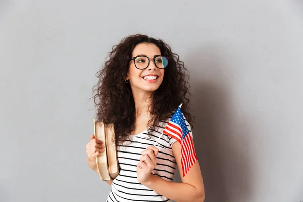 Portrait of attractive female student in eyeglasses being satisf — Stock Photo, Image