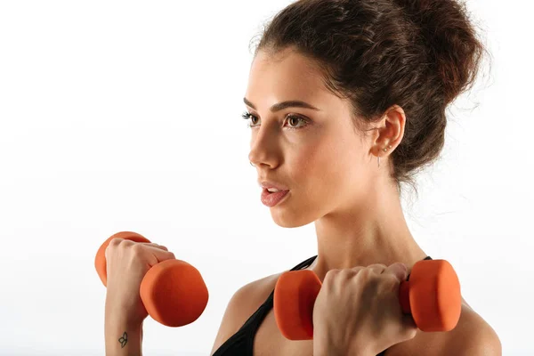 Close up image of curly brunette fitness woman doing exercise — Stock Photo, Image