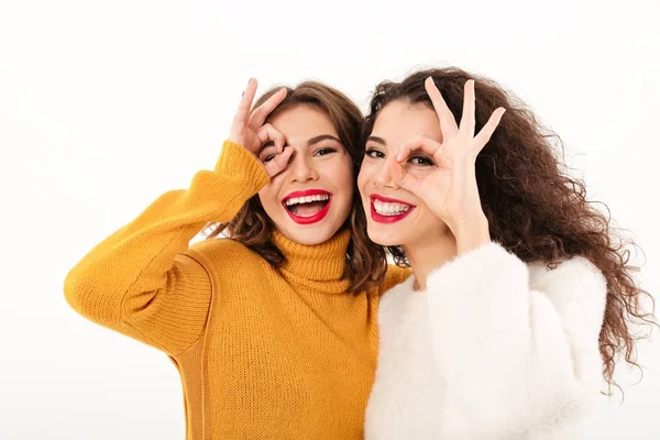 Immagine di due ragazze felici in maglioni divertirsi — Foto Stock