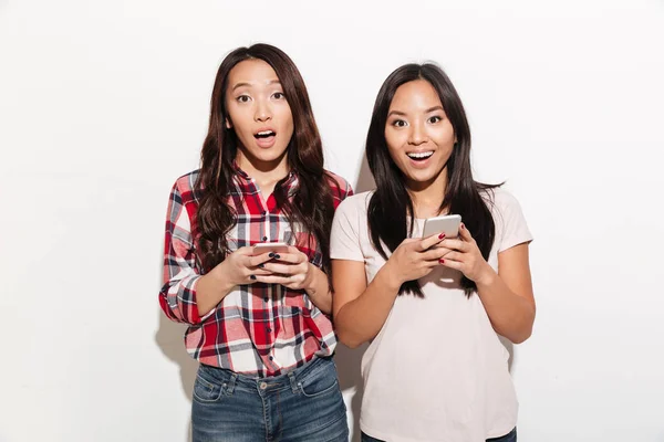 Asian surprised women sisters chatting — Stock Photo, Image