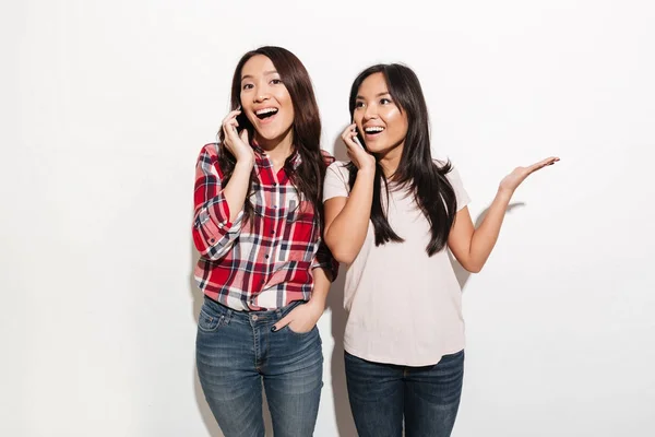 Asiatico donne sorelle parlando da loro cellulari — Foto Stock