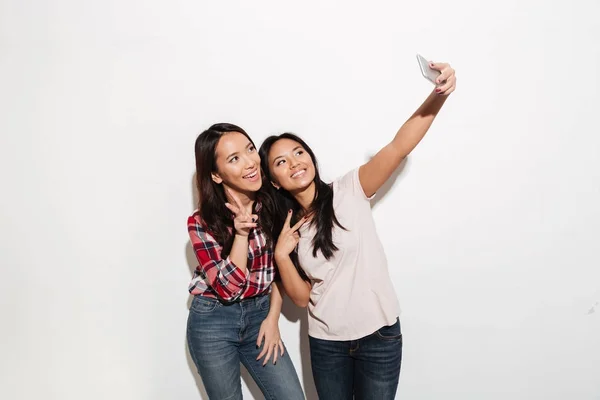 Twee Aziatische vrolijke positieve dames zussen maken selfie — Stockfoto