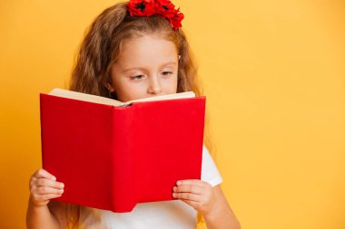 Küçük güzel kız bir kenara seyir kitap okuma konsantre.
