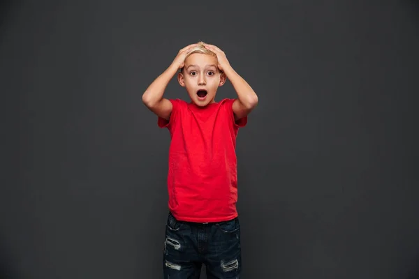 Imagem Uma Criança Chocada Isolada Sobre Fundo Cinzento Câmera Olhando — Fotografia de Stock