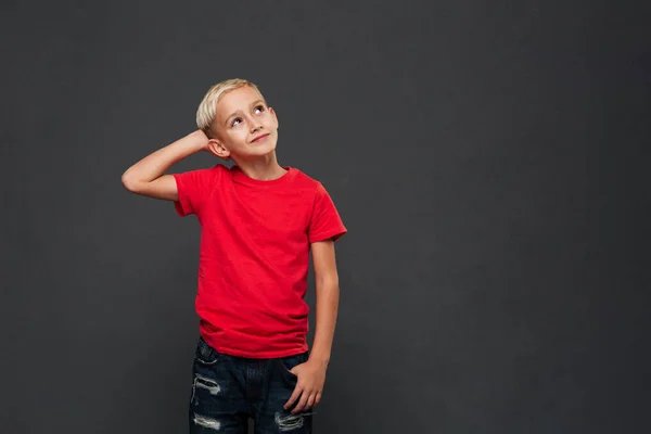 Image Thoughtful Cute Little Boy Child Standing Isolated Grey Background — Stock Photo, Image