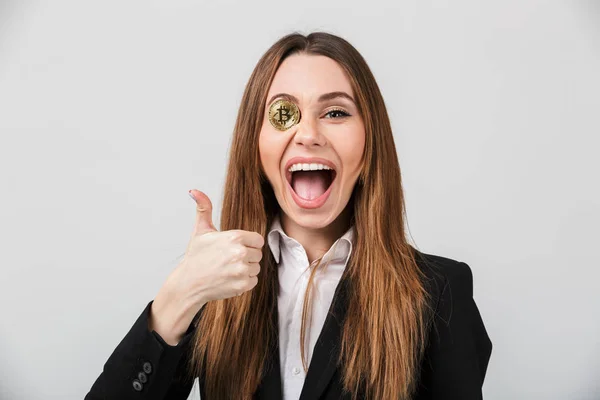 Portrait of a cheerful businesswoman dressed in suit — Stock Photo, Image