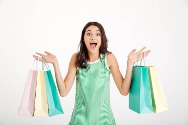 Alışveriş torbaları tutan elbiseli mutlu bir kız portresi