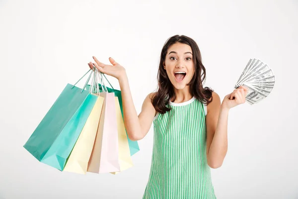 Retrato de una chica sorprendida en vestido sosteniendo bolsas de compras — Foto de Stock