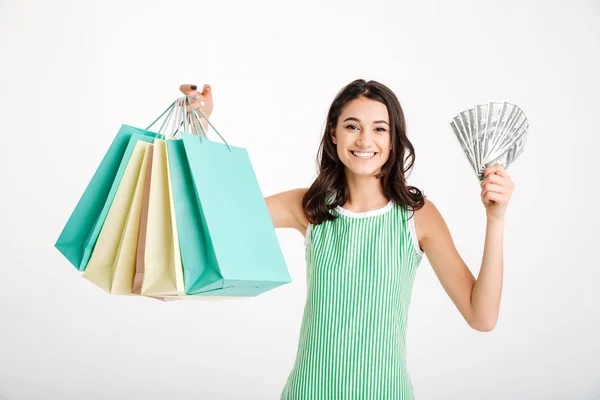 Retrato de una chica satisfecha en vestido sosteniendo bolsas de compras — Foto de Stock