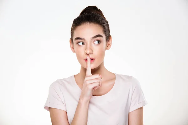 Portrait of beautiful pensive young woman with perfect skin hold — Stock Photo, Image