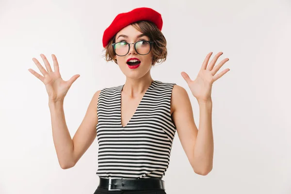 Portrait of a shocked woman wearing red beret — Stock Photo, Image