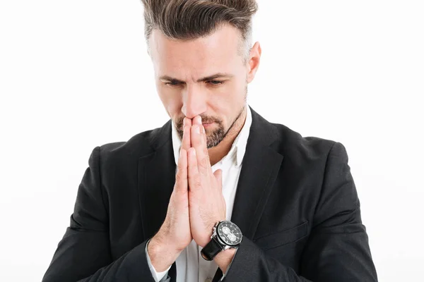 Portrait closeup of serious concentrated man wearing black jacke — Stock Photo, Image