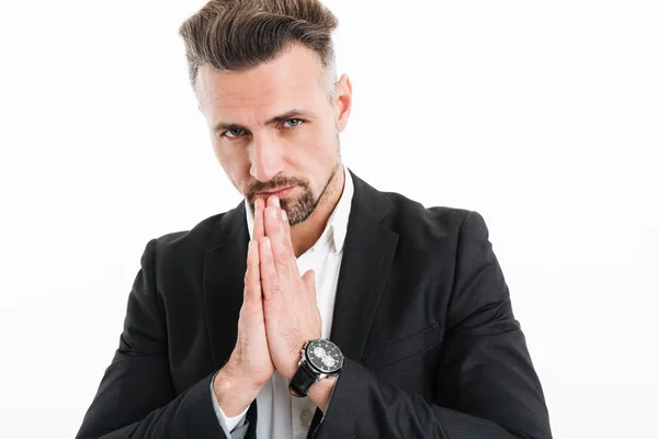 Portrait closeup of serious focused businessman wearing black ja — Stock Photo, Image