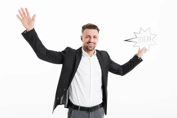 Immagine di eccitato uomo di successo che indossa giacca nera gioire di un — Foto Stock