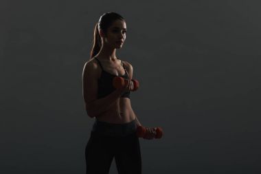 Küçük halter, ayrı tutma ile ince güçlü kadın egzersiz fotoğrafı