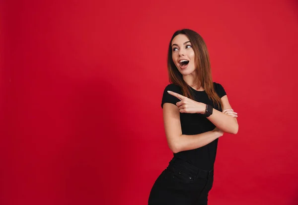 Photo of happy delighted woman in black outfit looking aside and — Stock Photo, Image