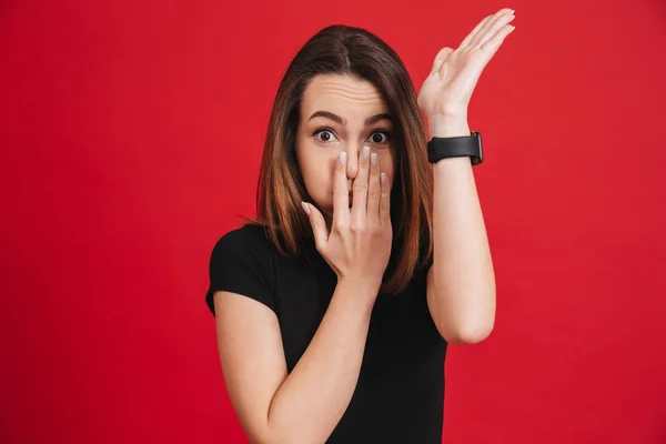 Portrait of a funny girl blocking his nose — Stok Foto