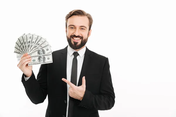 Portrait of mature male entrepreneur holding fan of money 100 do — Stock Photo, Image