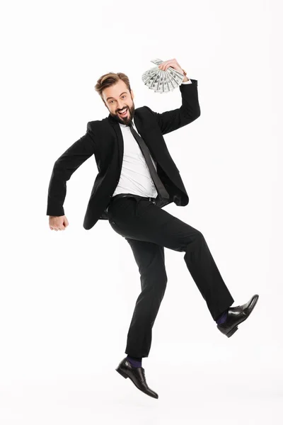 ビジネス スーツ彼に歓喜のうれしそうな男のフルレングスのイメージ — ストック写真