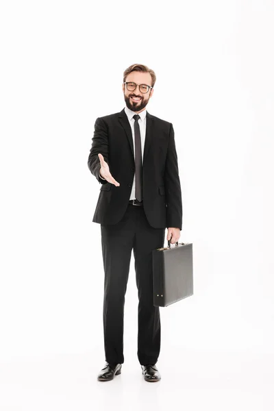 Fullängds foto av glada affärsman i kostym som deltar i meet — Stockfoto