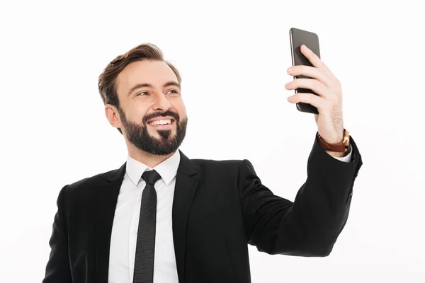 Happy young businessman make selfie by mobile phone. — Stock Photo, Image