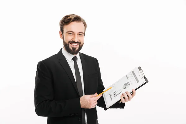 Cheerful businessman holding documents. — Stock Photo, Image