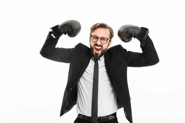 Photo of delighted businessman in black suit and eyeglasses rejo — Stock Photo, Image