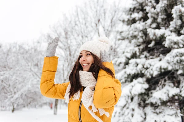 Молодая позитивная женщина машет и здоровается с кем-то в снежном парке — стоковое фото
