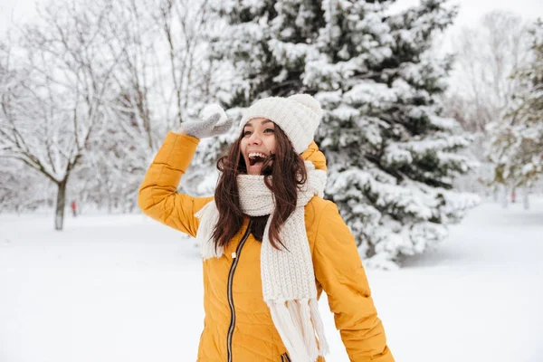 冬天在公园玩雪球的顽皮的少妇 — 图库照片