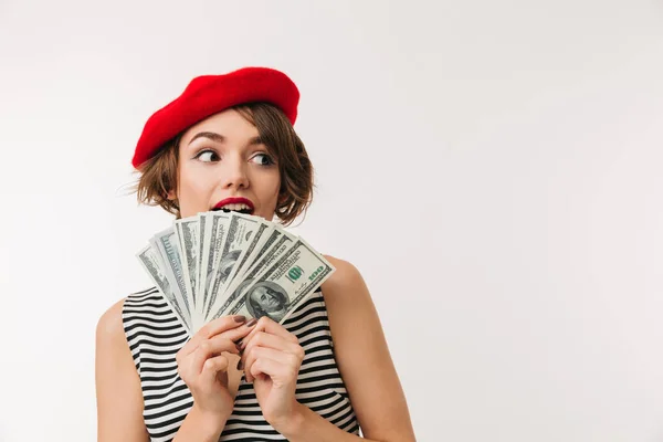 Image of successful woman having french style covering face with — Stock Photo, Image