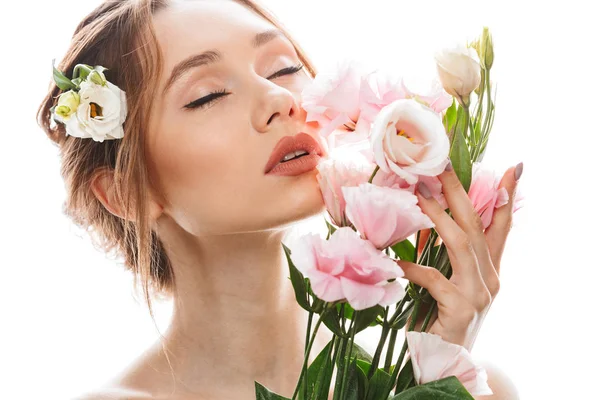 Retrato de beleza de senhora nua 20s segurando buquê de flor lisi — Fotografia de Stock
