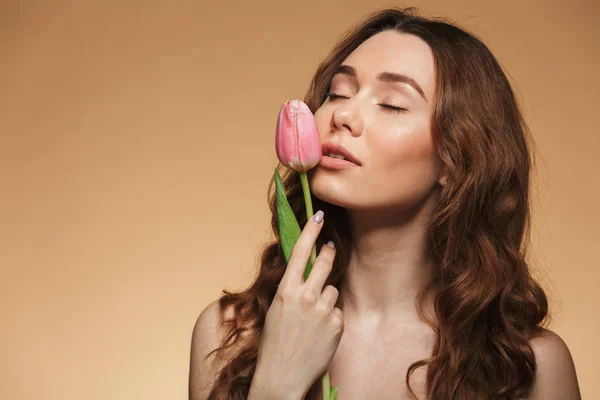 Gentle beautiful young woman holding one tulip flower. — Stock Photo, Image