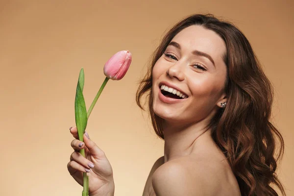 Gentle beautiful young woman holding one tulip flower. — Stock Photo, Image