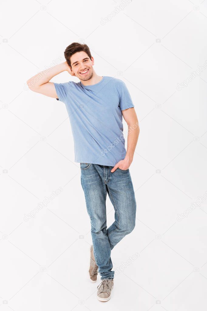 Full-length photo of caucasian attractive man in casual t-shirt 