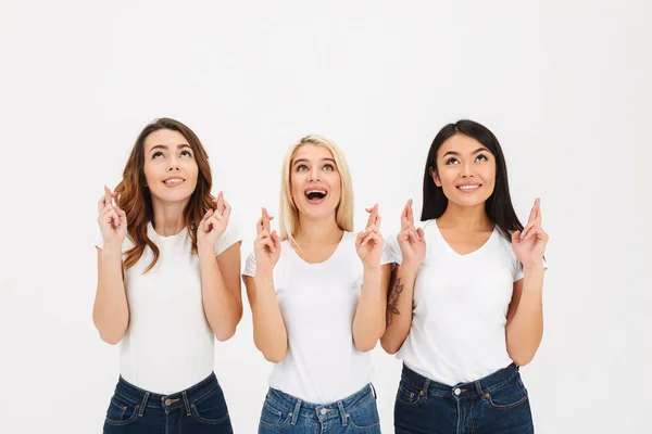 Portrait of three excited casual girls standing together — Stock Photo, Image