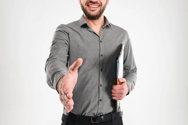 Allegro uomo d'affari ti dà una mano per la stretta di mano . — Foto Stock