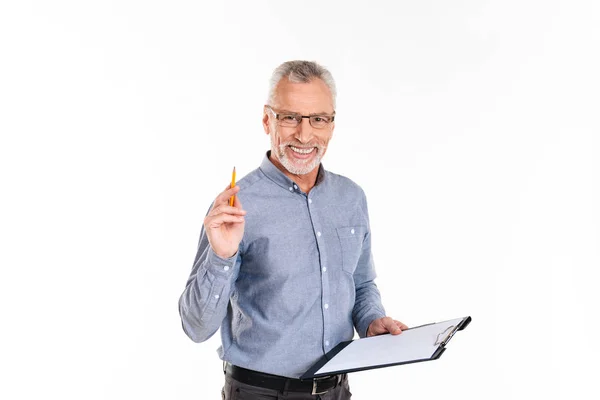 Cheerful man holding folder and smiling to camera — Stock Photo, Image