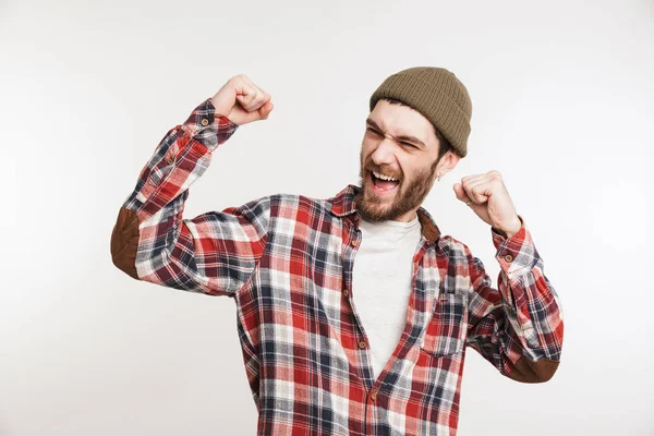 Portret zadowolony Brodaty mężczyzna w plaid shirt — Zdjęcie stockowe