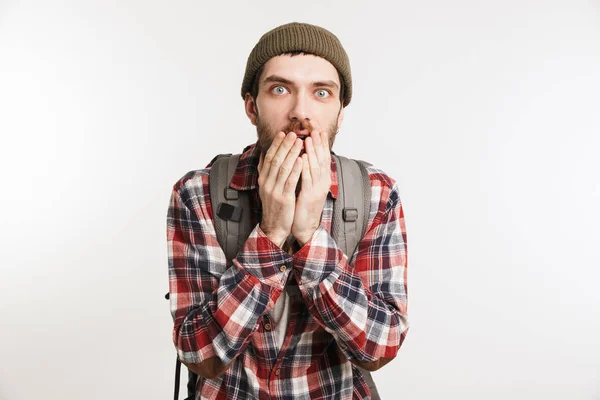 Retrato de un hombre barbudo asustado con camisa a cuadros —  Fotos de Stock