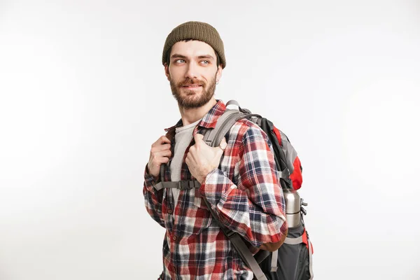 Porträt eines glücklichen bärtigen Mannes Touristen im karierten Hemd — Stockfoto