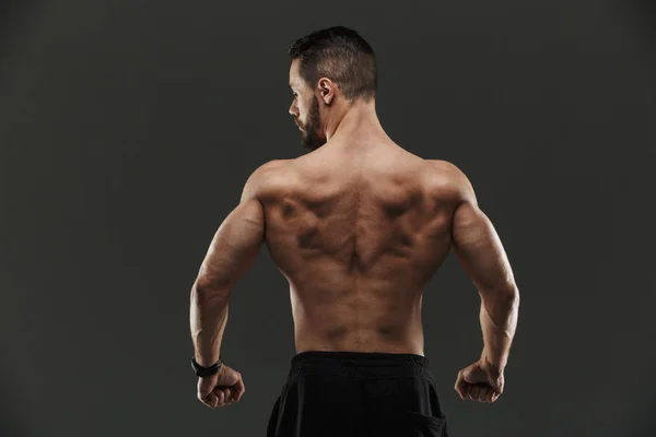 Voltar vista retrato de um jovem fisiculturista muscular posando — Fotografia de Stock