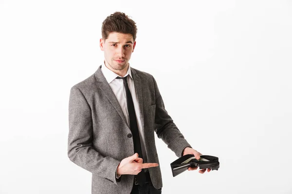 Pleased business man in jacket showing his purse with money — Stock Photo, Image