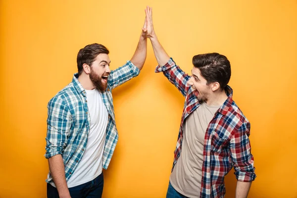 Retrato de dois jovens felizes dando mais cinco — Fotografia de Stock