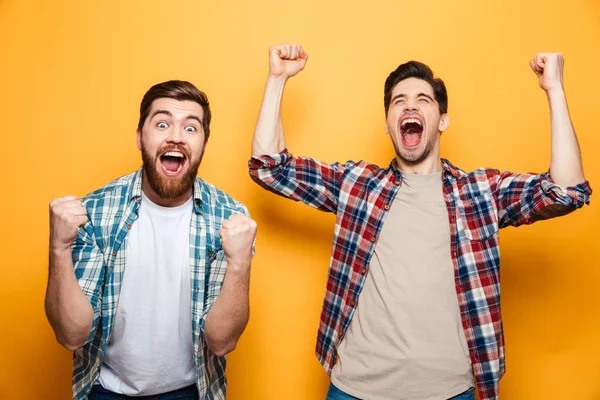 Portret van een twee vrolijke jonge mannen vieren — Stockfoto